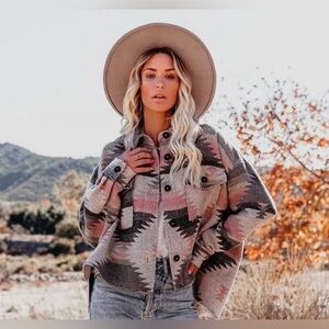 Aztec Shacket Jacket Southwestern Pink Gray Oversized Distressed | La Miel | L